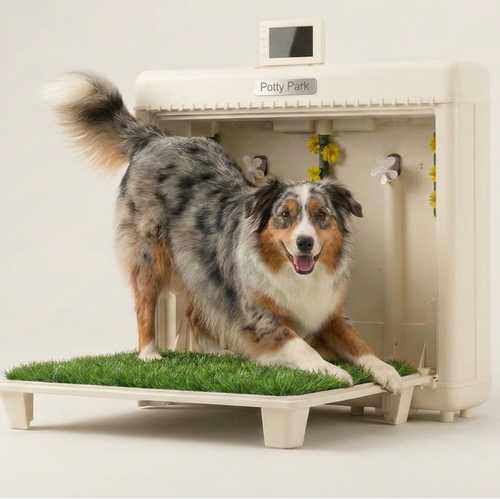 An Australian shepherd stands inside a Potty Park indoor potty training machine with a grass mat on a clean white studio background.
